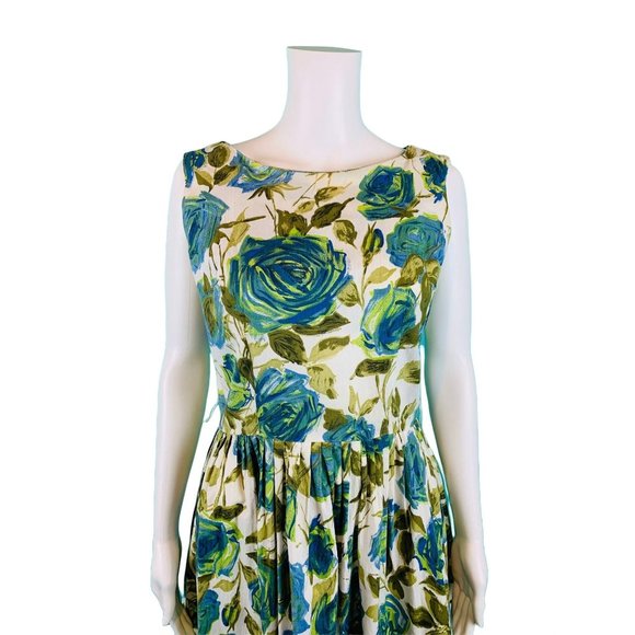 Vintage 1960s Floral Dress Blue Green Rose Print Sundress | W 30" - Picture 4 of 10